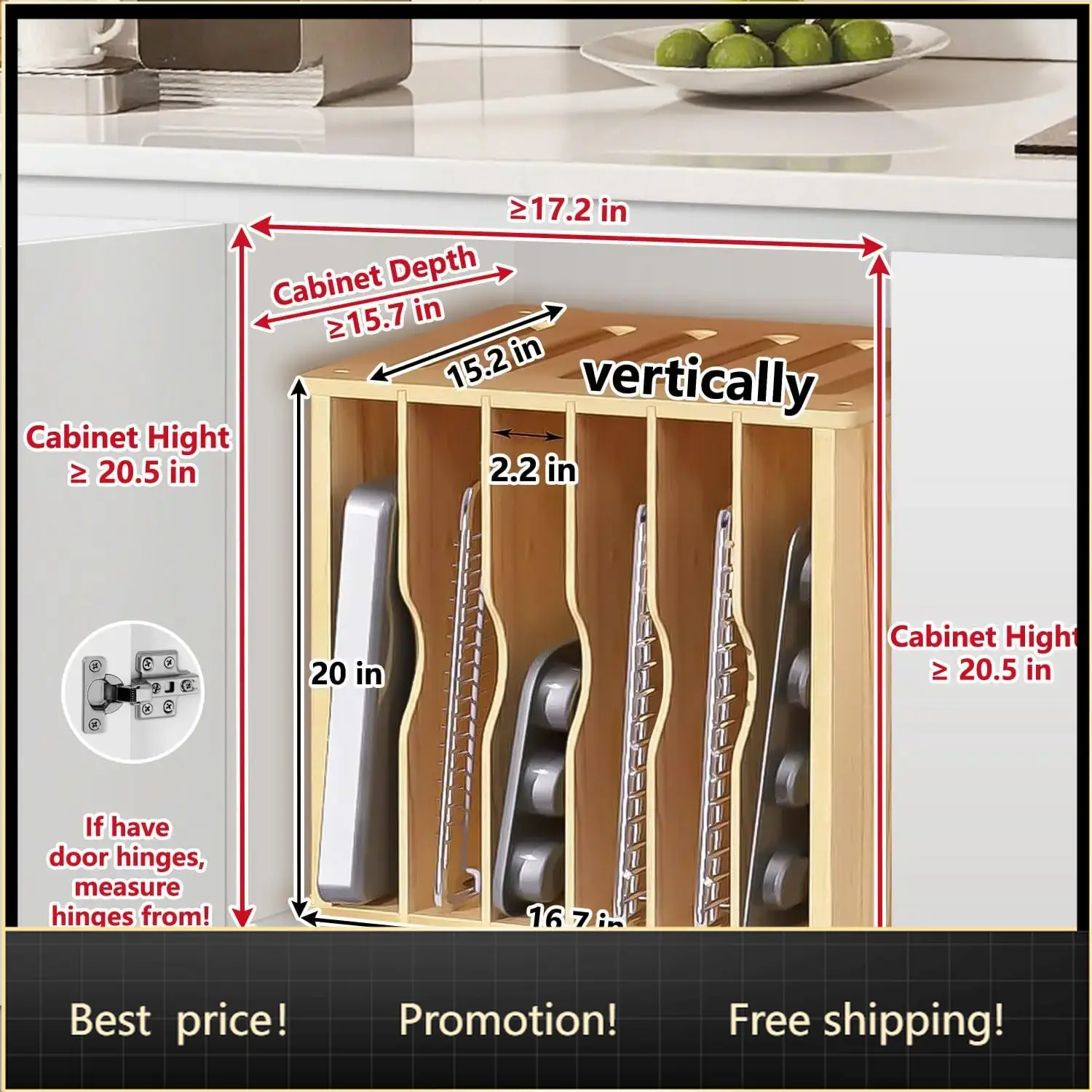 Kitchen Baking Sheet Organizer - Wooden Tray Dividers for Cabinets, Cookie